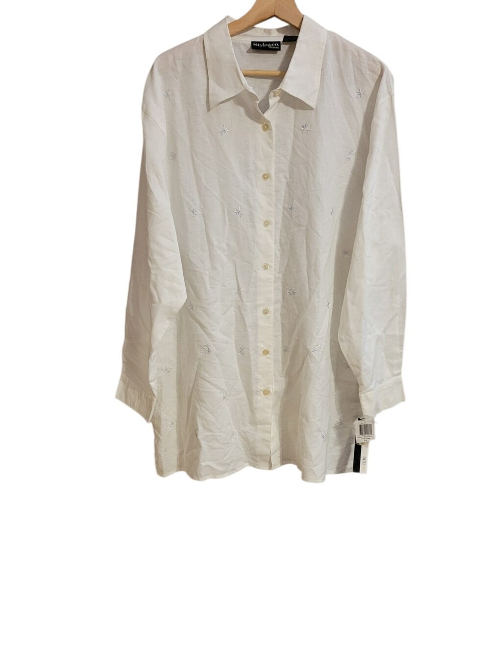 Style & Co White Linen Floral Embroidered Button Up Shirt